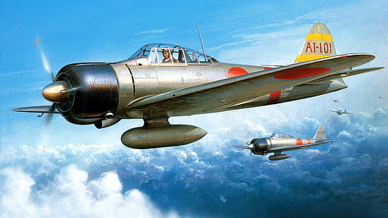 Japón, Segunda Guerra Mundial, Zero, Mitsubishi, avión, militar, avión militar, avión, japonés, ilustraciones, Fondo de pantalla HD HD wallpaper