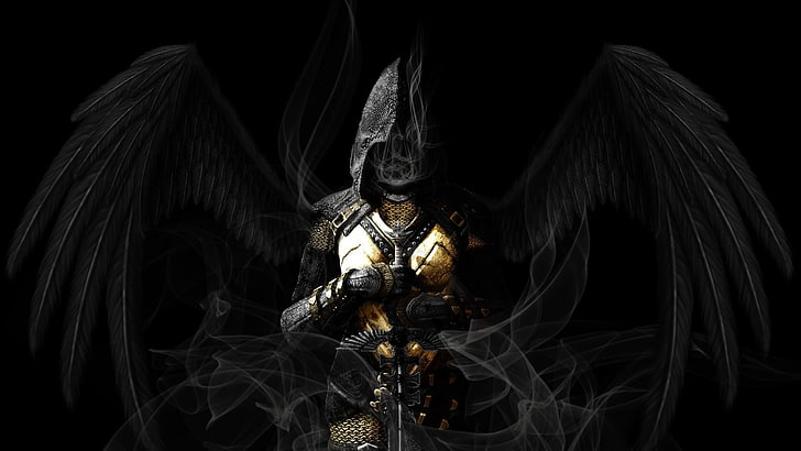 امرأة تحمل السيف مع أجنحة سوداء ورق الجدران ، ملاك ، أجنحة ، سيف ، درع ، داكن ، رئيس الملائكة، خلفية HD