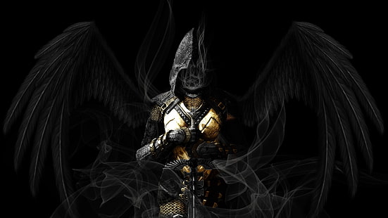 женщина держит меч с черными крыльями обои, ангел, крылья, меч, доспехи, темнота, архангел, HD обои HD wallpaper