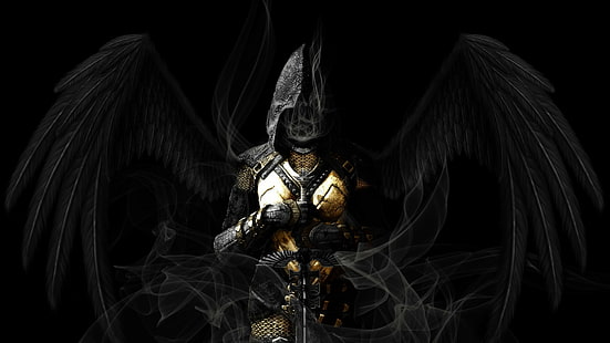 меч, броня, крила, архангел, тъмно, ангел, HD тапет HD wallpaper