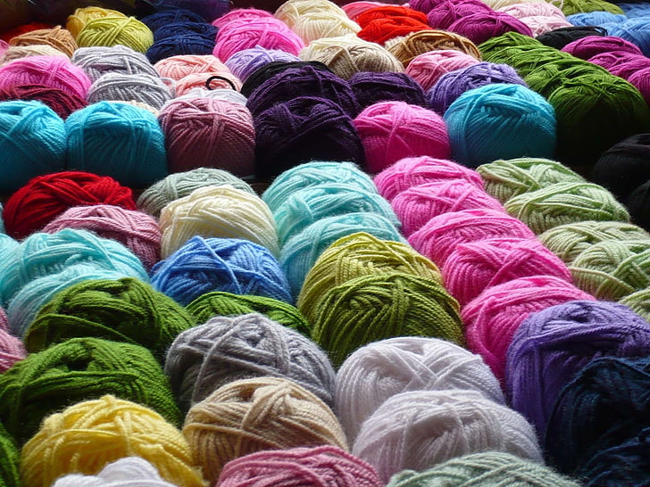 balls, blue, brown, collection, colorful, crafts, fabric, green, group, knitting, pink, red, rolls, skeins, textiles, thread, white, wool, wound, yarn, yellow, HD wallpaper