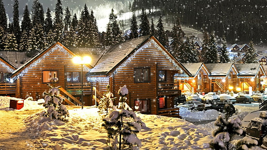 snow, winter, home, hut, tree, log cabin, house, wood, christmas, christmas lights, holiday, cottage, christmas decoration, landscape, snowfall, HD wallpaper HD wallpaper