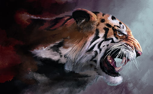 怒っている虎の絵、茶色の虎の絵、芸術、図面、怒っている、虎、絵画、 HDデスクトップの壁紙 HD wallpaper