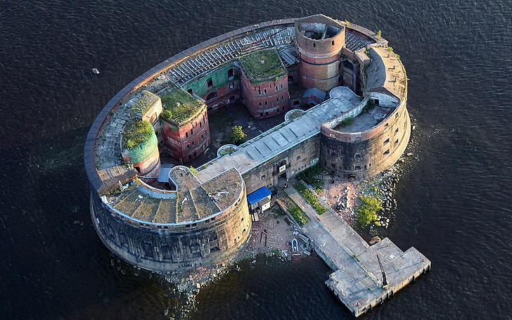 brown and red stone castle, architecture, island, forts, fortress, sea, wall, aerial view, St. Petersburg, Russia, abandoned, ancient, Fort Alexander, HD wallpaper