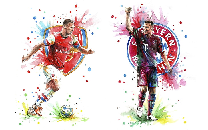 2人のサッカー選手のイラスト、アート、アーセナル、フットボールクラブ、ザガンナーズ、バイエルンミュンヘン、バイエルンミュンヘン、 HDデスクトップの壁紙