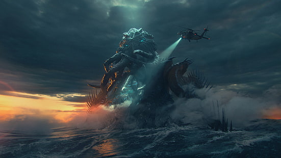 Fantasía, Cthulhu, Criatura, Helicóptero, Monstruo de mar, Fondo de pantalla HD HD wallpaper
