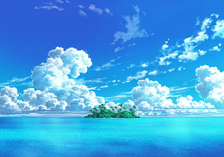 isola anime, oceano, nuvole, cielo, anime, Sfondo HD HD wallpaper