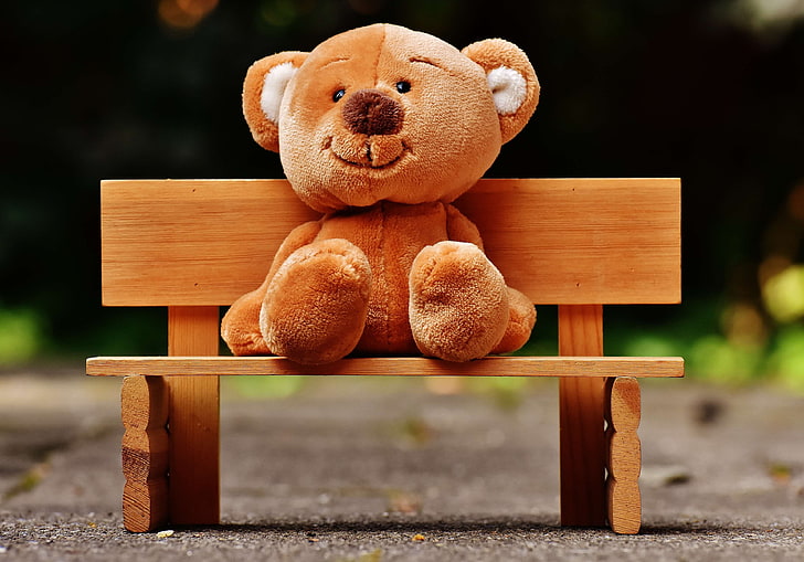 bear, bench, blur, board, child, children, close up, cute, fun, happiness, sit, soft toy, still life, teddy bear, toy, toy figure, wood, wooden bench, HD wallpaper
