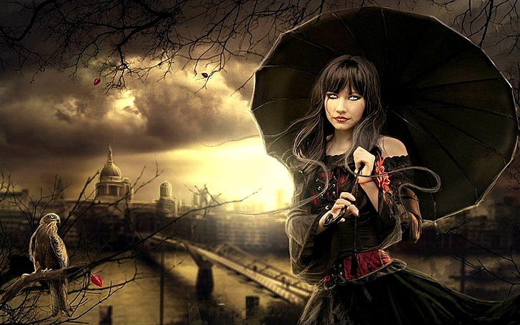 Dark, Gothic, Black, Fantasy, Girl, Umbrella, Woman, HD wallpaper