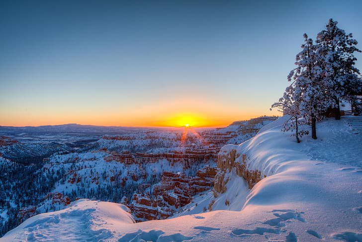 winter, snow, trees, sunrise, dawn, morning, canyon, panorama, Utah, Bryce Canyon National Park, National Park Bryce Canyon, Bryce Canyon, HD wallpaper