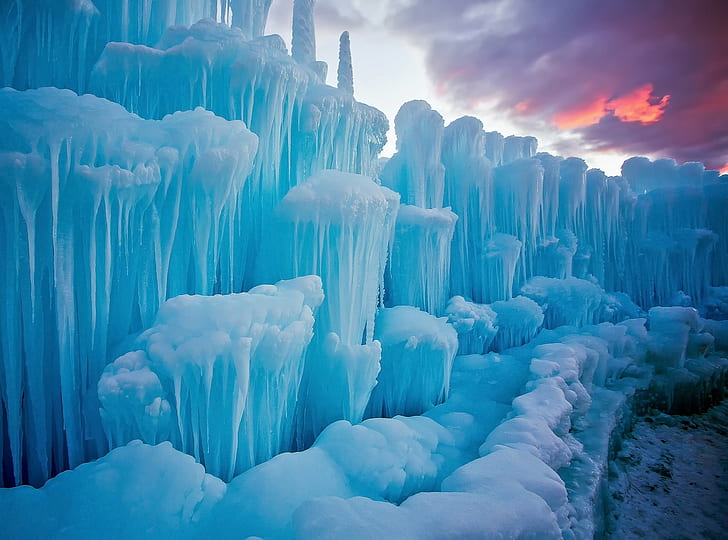 น้ำแข็ง, ภูมิทัศน์, สีฟ้า, พระอาทิตย์ตก, สีชมพู, เมฆ, ไอติม, วอลล์เปเปอร์ HD