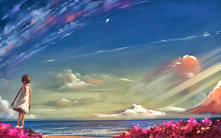 chicas anime, mar, flores, playa, cielo, nubes, anime, Fondo de pantalla HD