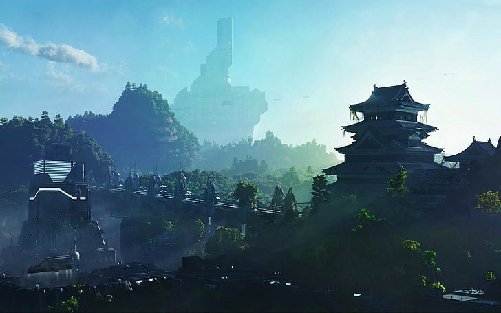 الفن الرقمي للقلعة اليابانية ، الطبيعة ، المستقبل ، الباغودا، خلفية HD