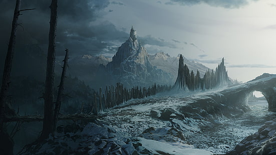 Gunung Castle Snow Arch Landscape HD, fantasi, pemandangan, salju, gunung, kastil, lengkungan, Wallpaper HD HD wallpaper