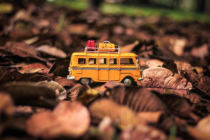 background, car, cars, collection, combi, fall, leafs, miniature toy, minivan, natural, nature, toy, toy car, toy cars, van, HD wallpaper