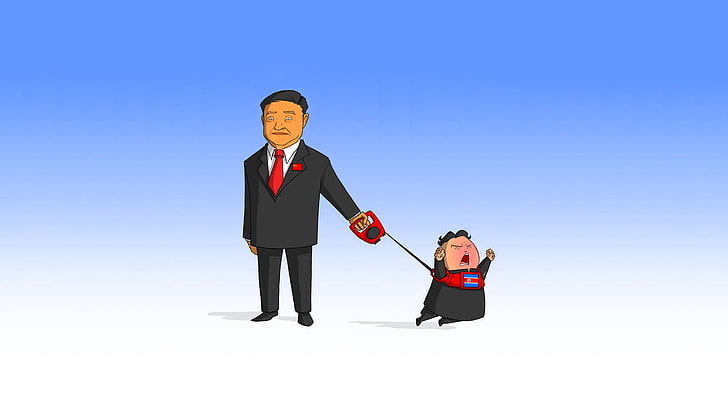 мужчина держит мальчика с поводком иллюстрации шаржа, Китай, Северная Корея, мультфильм, поводок, HD обои