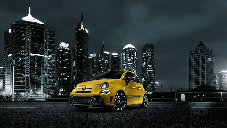 yellow FIAT 500 3-door hatchback near high-rise building, Fiat Abarth 595 Facelift, hatchback, night town, HD wallpaper