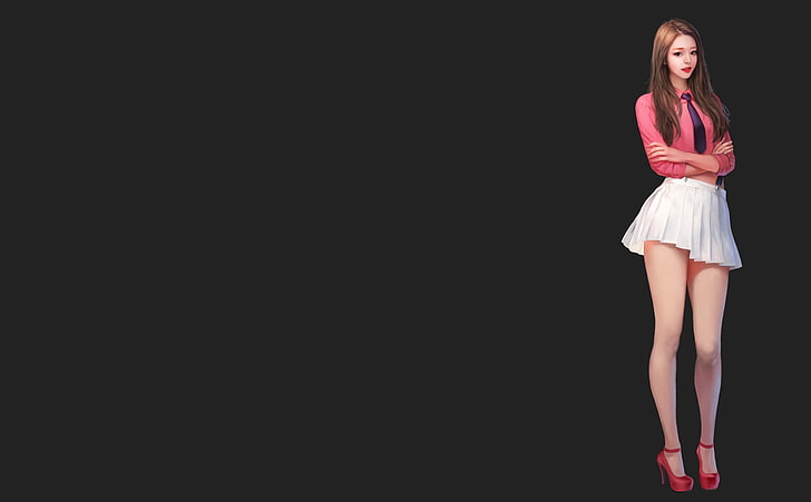 женщина в розовой рубашке и белой мини-юбке из мультфильма, женщина в красно-белом платье аниме-персонажа, цифровое искусство, произведение искусства, женщины, глядя на зрителя, бедра, простой фон, мини-юбка, брюнетка, каблуки, галстук, скрещенные руки, HD обои