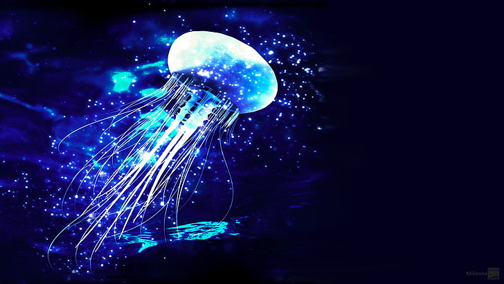 underwater photography of jelly fish, photo manipulation, jellyfish, blue, cyan, underwater, HD wallpaper
