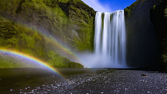 Island, Seljalandsfoss, Wasserfall, Regenbogen, Felsen, Moos, Natur, HD-Hintergrundbild HD wallpaper