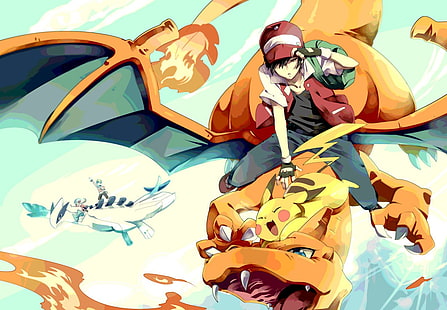 Sfondo di Pokemon Charizard e Pikachu, manga, Pokémon, Pikachu, Rosso (personaggio), Oro (personaggio), Sfondo HD HD wallpaper