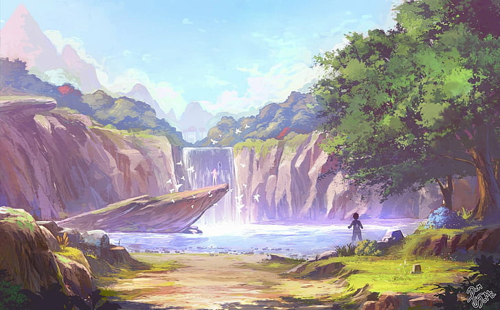 Anime, oryginał, chłopiec, jezioro, natura, sceneria, niebo, wodospad, Tapety HD