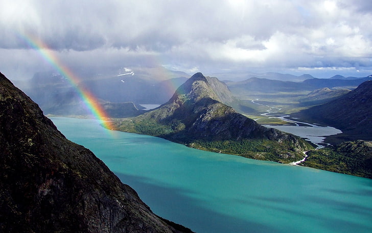 green mountains, rainbow, ocean, mountains, land, relief, landscape, sky, clouds, river, coast, HD wallpaper