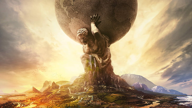mężczyzna niosący ilustrację kuli ziemskiej, Sid Meier's Civilization VI, gry wideo, Atlas (bóg), Tapety HD
