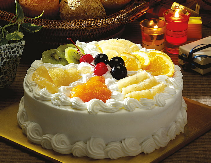 white fondant cake, pie, cream, fruit, berries, sweet, dessert, cherry, orange, kiwi, HD wallpaper