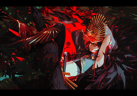 аниме, аниме девушки, Fate Series, Fate / Grand Order, Oda Nobunaga (Fate / Grand Order), красные глаза, черные волосы, длинные волосы, птицы, HD обои HD wallpaper