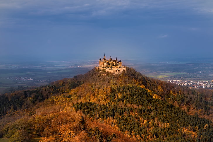 ฤดูใบไม้ร่วง, ป่า, ปราสาท, ภูเขา, เยอรมนี, หุบเขา, ทัศนียภาพ, Baden-Württemberg, ปราสาท Hohenzollern, Mount Hohenzollern, The Swabian ALB, Swabian Jura, Hechingen, วอลล์เปเปอร์ HD