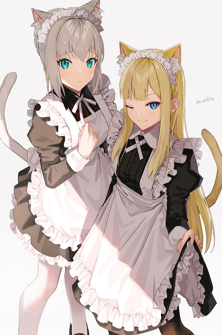 Lord El-Melloi II Sei no Jikenbo: Rail Zeppelin Grace Note, FGO, Fate Series, maid outfit, alternate outfit, small boobs, nekomimi, cat girl, pantyhose, white pantyhose, cat tail, one eye closed, aqua eyes, looking at viewer, blue eyes, blunt bangs, blushing, smiling, ahoge, headdress, Reines El-Melloi Archisorte, Gray (Lord El-Melloi II Case Files), anime girls, apron, anime, simple background, vertical, 2D, parted lips, blond hair, grey hair, long hair, braided hair, thighs, artwork, fan art, HD wallpaper