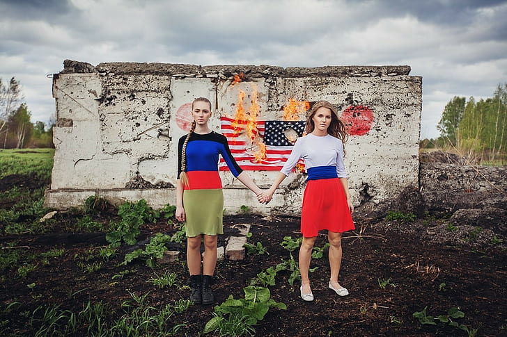 DPR, Feuer, Flagge, Novorussia, Russland, russische Frauen, HD-Hintergrundbild