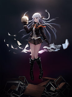 kirigiri kyouko, danganronpa, skull, silver hair, boots, Anime, HD wallpaper HD wallpaper