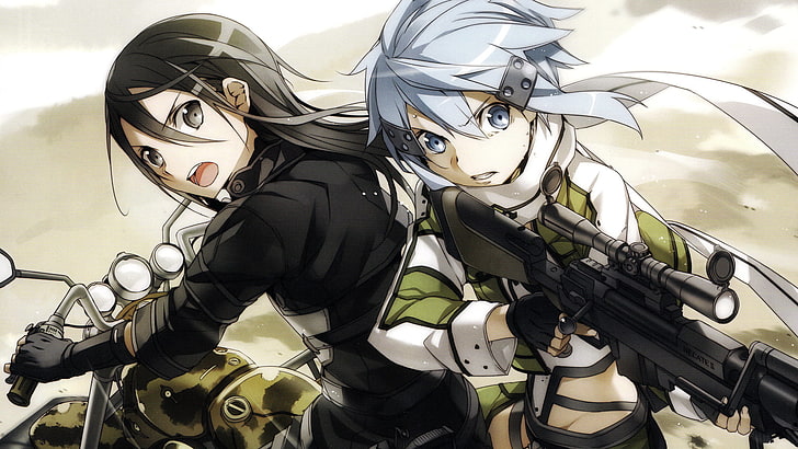 two women anime character holding gun, Sword Art Online, Gun Gale Online , Kirigaya Kazuto, Sinon (Sword Art Online), anime, HD wallpaper