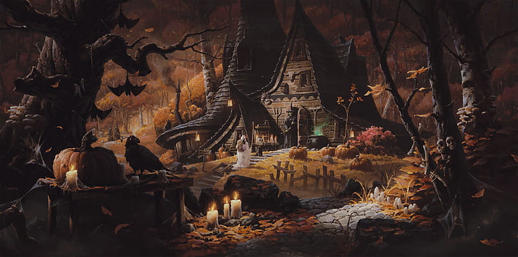 bosque, gato, noche, casa, calabaza, murciélago, bruja, cuervo, halloween, Fondo de pantalla HD
