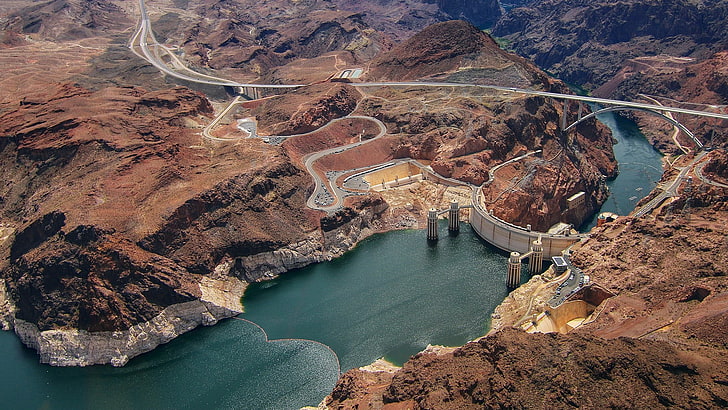 aerial view of white concrete fence, nature, landscape, road, Hoover Dam, Colorado River, HD wallpaper