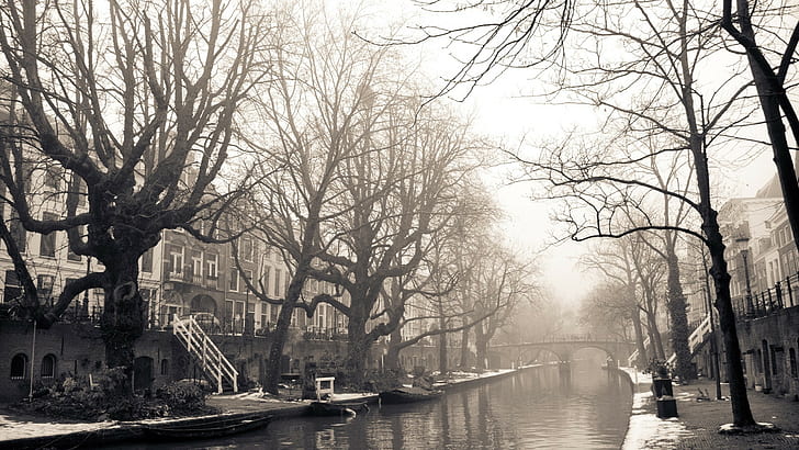 Utrecht, sepia, river, snow, mist, boat, HD wallpaper