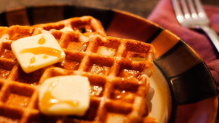 two gold-colored rings, food, waffles, fork, HD wallpaper