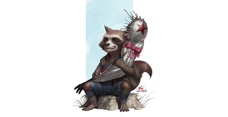Racket Raccoon, Guardians of the Galaxy, прост фон, произведения на изкуството, Marvel Comics, Bucky Barnes, HD тапет