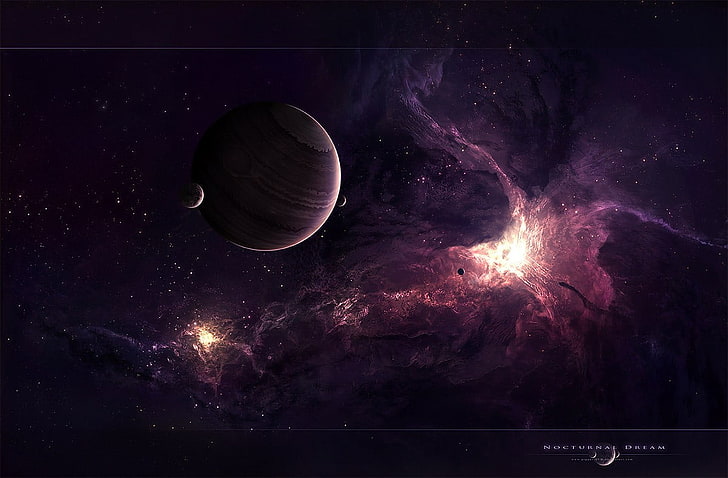 galaktyka tapeta graficzna, przestrzeń, planeta, księżyc, mgławica, fioletowy, dzieło sztuki, sztuka kosmiczna, sztuka cyfrowa, Tapety HD