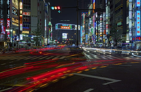 Замедленная съемка дороги, снятой в ночное время, город, движение, Япония, HD обои HD wallpaper