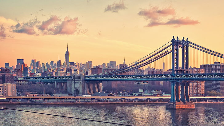 brązowy betonowy most, miasto, most, Nowy Jork, Manhattan Bridge, Tapety HD