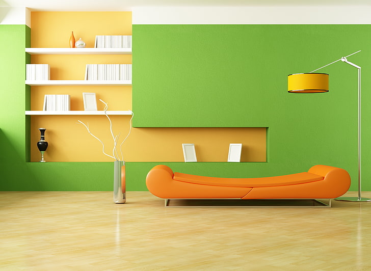 pomarańczowa skórzana sofa, wnętrze, design, styl, minimalizm, pokój, sofa, pomarańczowy, lampa, wazon, Tapety HD