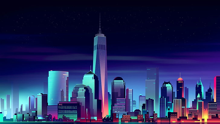 new york city, ciel, centre-ville, bâtiment, nuit, art numérique, états-unis, tour, skyline, retrowave, gratte-ciel, ville, paysage urbain, métropole, new york, art au néon, néon, rétro, Fond d'écran HD