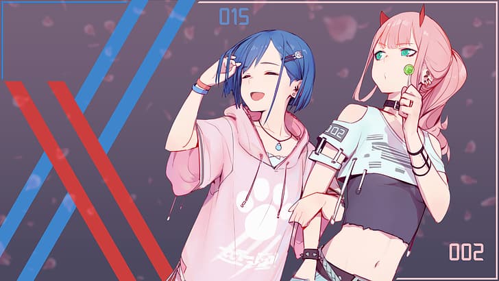 Liebling im FranXX, Zero Two (Liebling im FranXX), Ichigo (Liebling im FranXX), Code: 002 (ZeroTwo), Anime-Mädchen, rosa Haare, blaues Haar, HD-Hintergrundbild