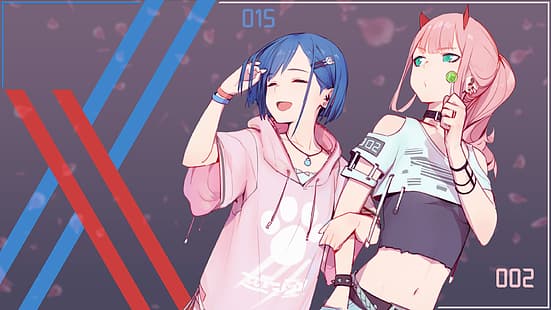  Darling in the FranXX, Zero Two (Darling in the FranXX), Ichigo (Darling in the FranXX), Code:002 (ZeroTwo), anime girls, pink hair, blue hair, HD wallpaper HD wallpaper