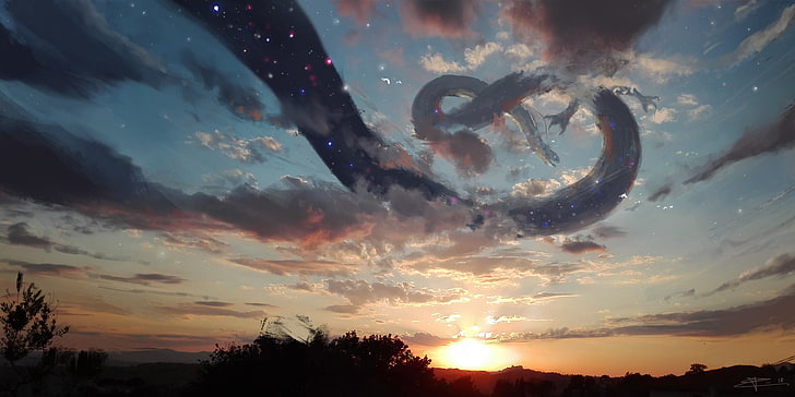 pintura abstracta blanca y azul, puesta de sol, dragón, estrellas, nubes, arte de fantasía, Fondo de pantalla HD
