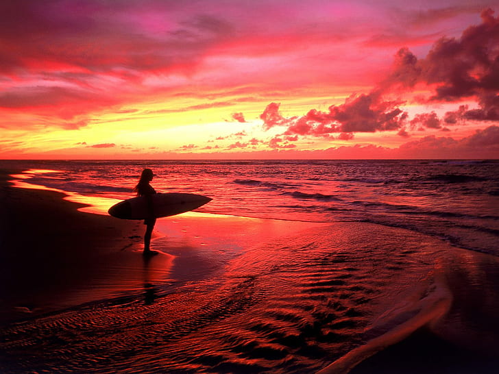 Surfer at Twilight Hawaii HD, person holding surfboard on seashore during golden hour photo, world, travel, travel and world, twilight, at, surfer, hawaii, HD wallpaper
