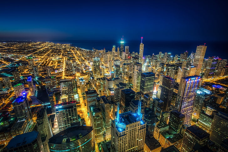 cidade urbana à noite fotografia aérea, construção, Chicago, panorama, cidade noturna, Illinois, arranha-céus, bairros, lago Michigan, áreas residenciais, áreas, HD papel de parede
